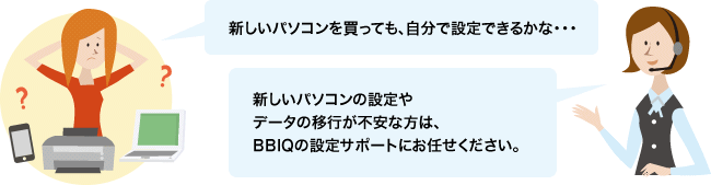 新しいパソコンを買っても、自分で設定できるかな・・・新しいパソコンの設定やデータの移行が不安な方は、BBIQの設定サポートにお任せください。
